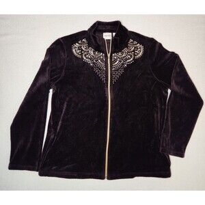 Chicos Zenergy Embellished Velour Track Suit Jacket Black Gold Tone Zipper sz 1